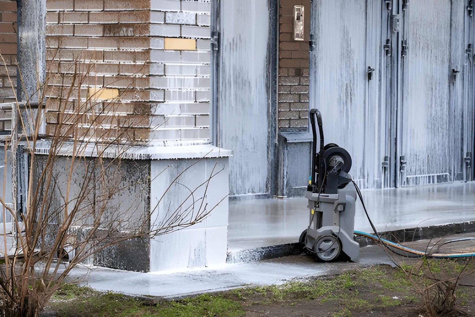 A commercial soft washing setup showing a thick layer of white cleaning foam applied to a brick pillar and garage doors, with a professional grey pressure washer machine standing ready on the side.