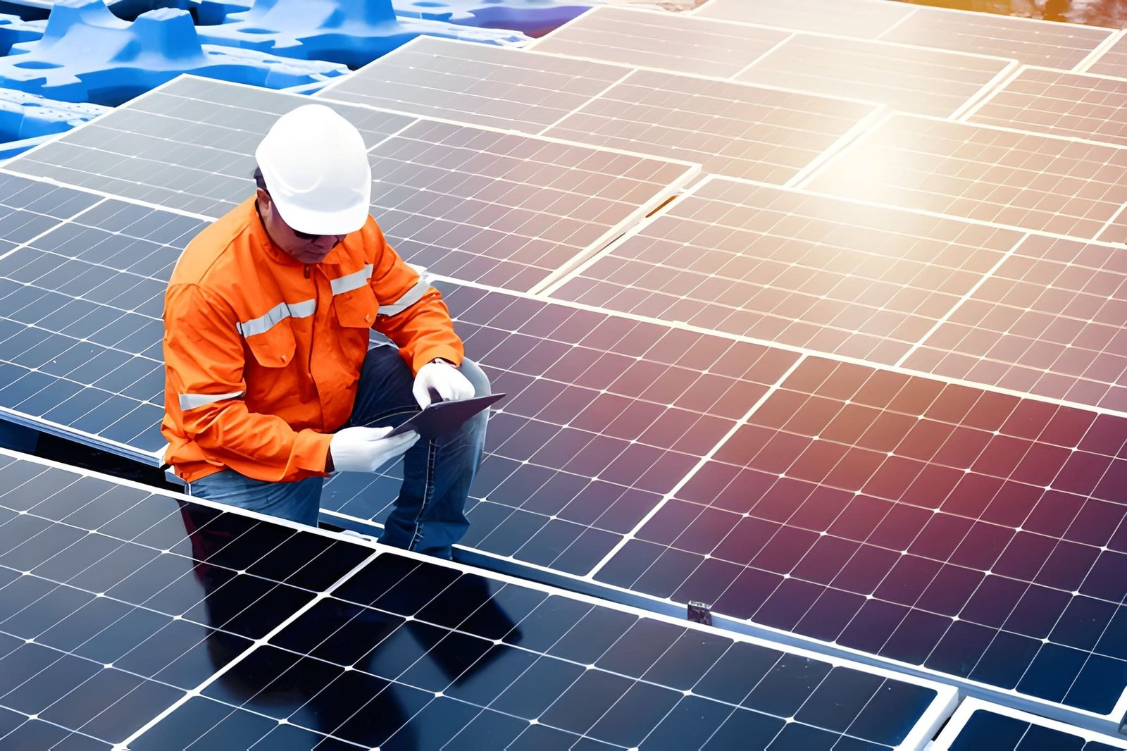 A professional solar technician in an orange safety jacket and white hard hat kneeling on a large solar panel array while using a digital tablet for system inspection and monitoring.