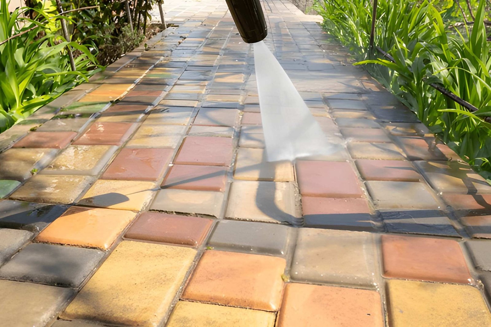 High-pressure water spray cleaning dirt and grime from a multi-colored stone paver walkway in a garden.